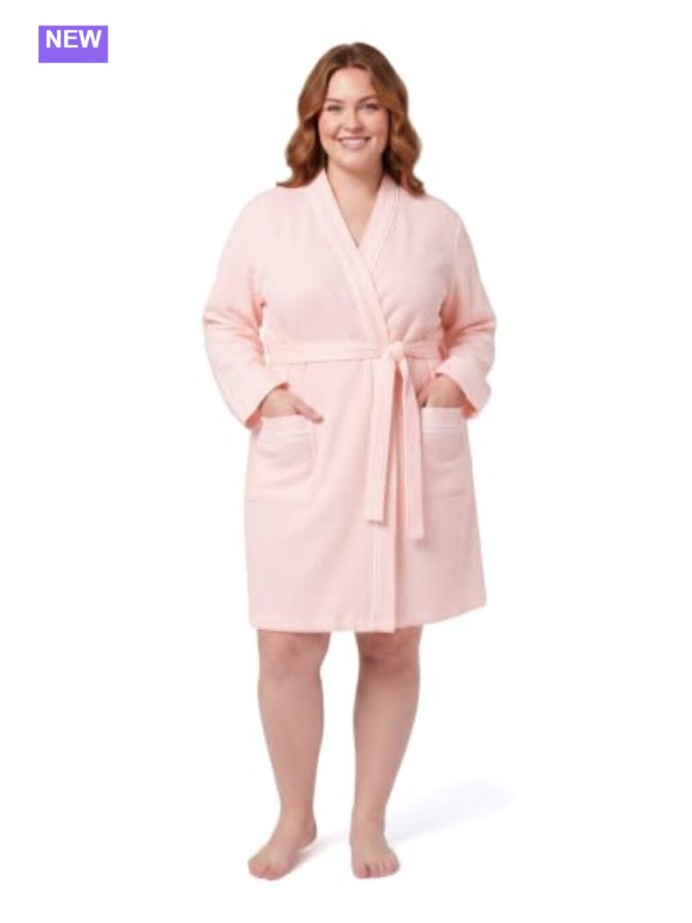 Waffle Knit Bathrobe Knee-Length Soft Robe with Pockets